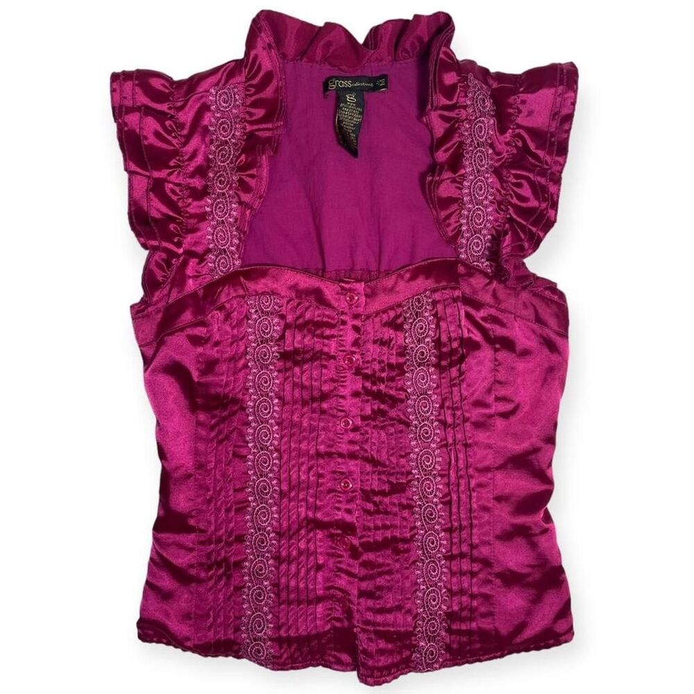 Y2K magenta ruffle corset style blouse - Picture 1 of 5
